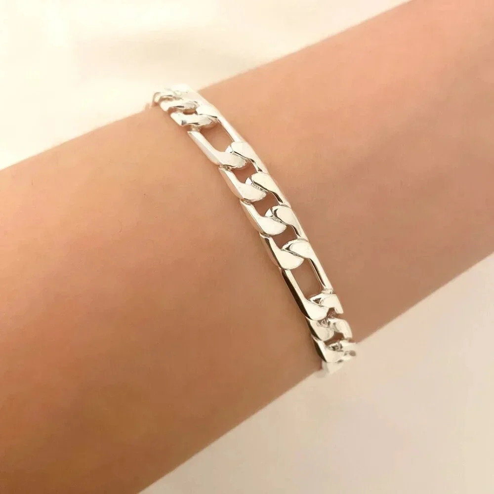 925 Sterling Silver Flat Chain Link Bracelet Modern Figaro Bracelet Chain Link